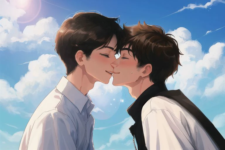 2boys, male focus, boys, yaoi, imminent kiss, looking at another, smile, short hair, black hair, closed eyes, brown hair, blue eyes, shirt, lens flare, sky, cloud, blue sky, sweat, best quality, amazing quality, best aesthetic, absurdres, year 2023