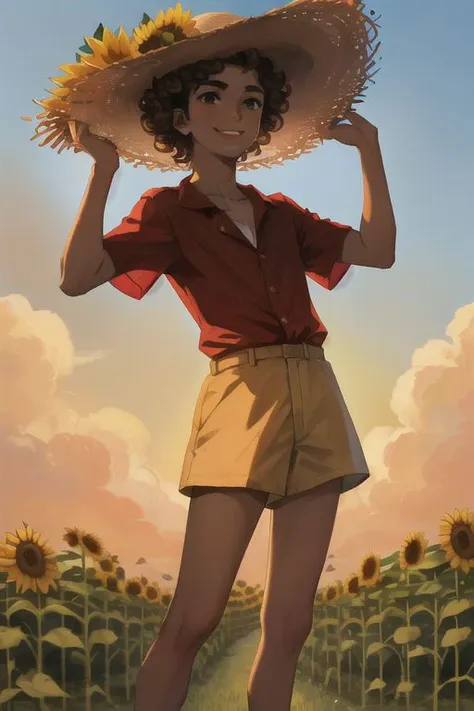 a woman in a straw hat standing in a field of sunflowers