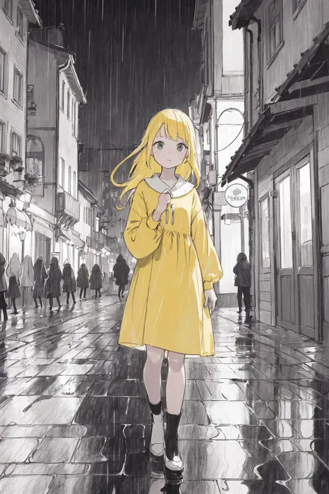 (people is brightly full colored drawing:1.5), (background is monochrome sketch drawing:1.2),
Wet day, evening, blond girl in heartwarming old town, (wearing three bright colors clothes),
The road is like a mirror and has brightly colorful specular reflect...