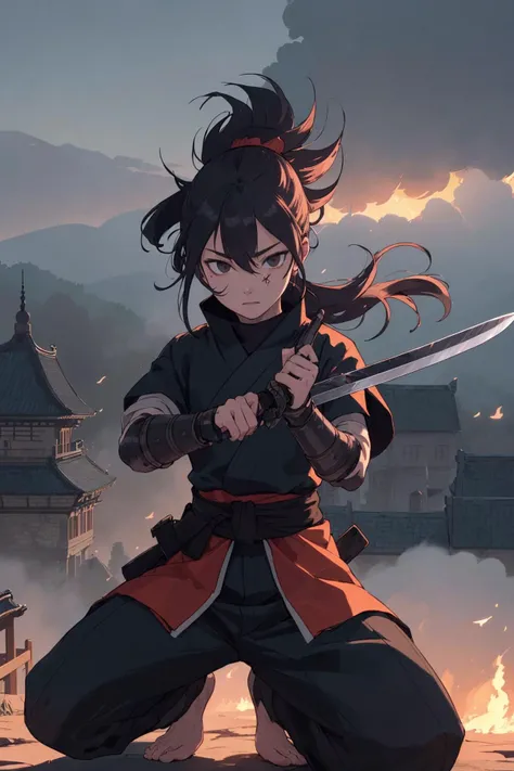 anonymous shinobi, simple and inconspicuous uniform, full of injuries, ninja sword,
stand on the roof of the castle, (get down on one knee, raise one finger, check the wind direction),
(castle town is burning), ninja is planning to defeat the enemy, calm f...