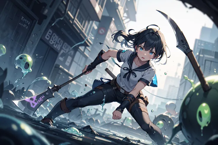 anime girl with a scyther and a sword in a city