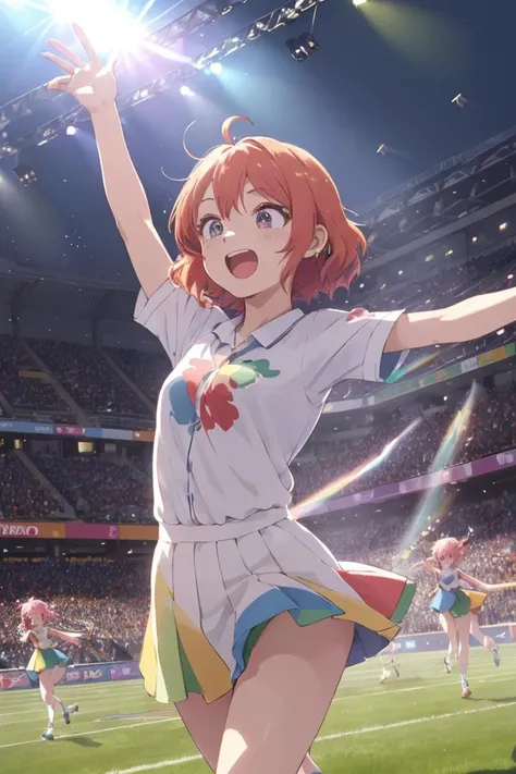 anime idol group, wearing rainbow color uniform, 
(tomato hair 1girl are holding mic and singing a song in stadium, running around furiously),
(girls are singing around her:1.3),
daytime, sunshine, 
(dynamic effects:1.3), (motion effects:1.3), dynamic hair...