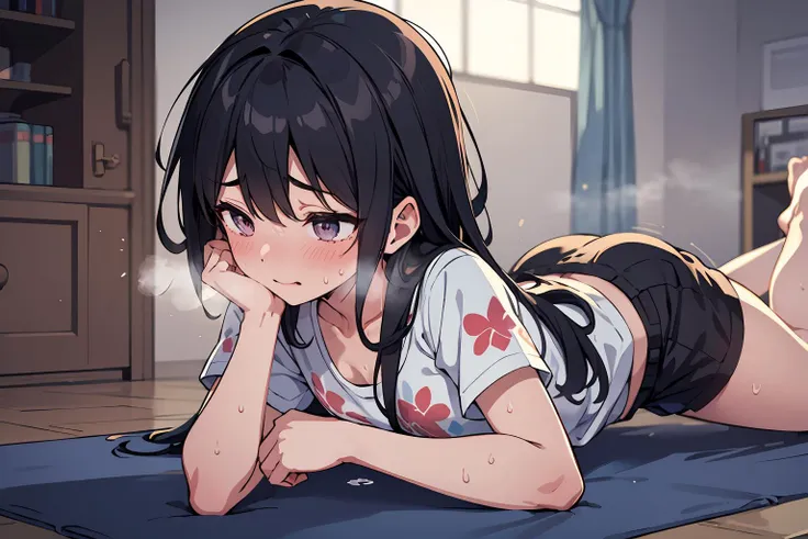 anime girl laying on a mat with her head on her hand