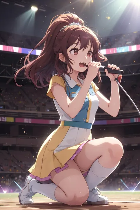 anime idol group, wearing rainbow color uniform, 
(chocolate hair 1girl are holding mic and singing a song in stadium, in the spotlight with get down on one knee),
(girls are singing around her),
daytime, sunshine, 
(dynamic effects:1.3), (motion effects:1...