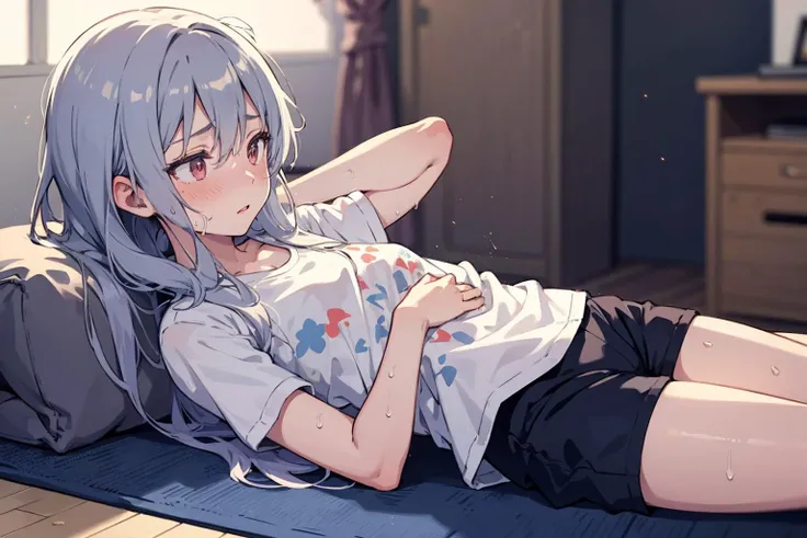 anime girl laying on a mat with her legs crossed