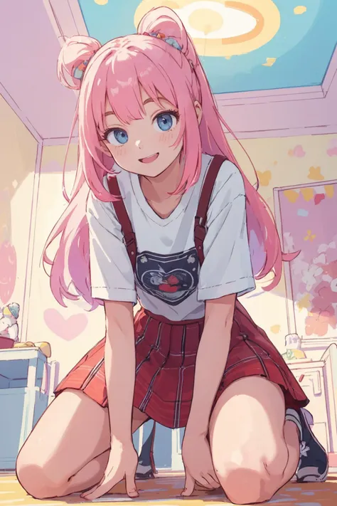 anime girl with pink hair and blue eyes kneeling on the floor