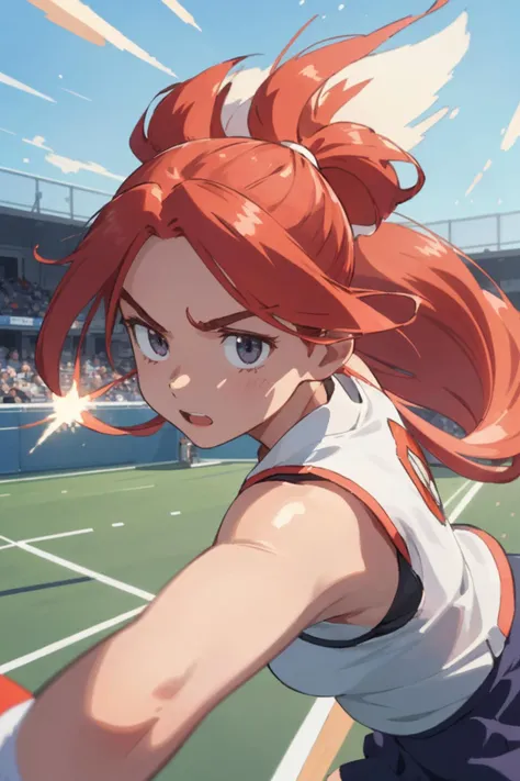 1 girl playing tennis, pony tail, 
moment of she hits back with opponents smash ball, 
dynamic effects, motion effects, dynamic hair,
in tennis court, 
view from ground, 
masterpiece, best quality, extremely detailed, (gainax:1.3),
crisp image, sharp image...