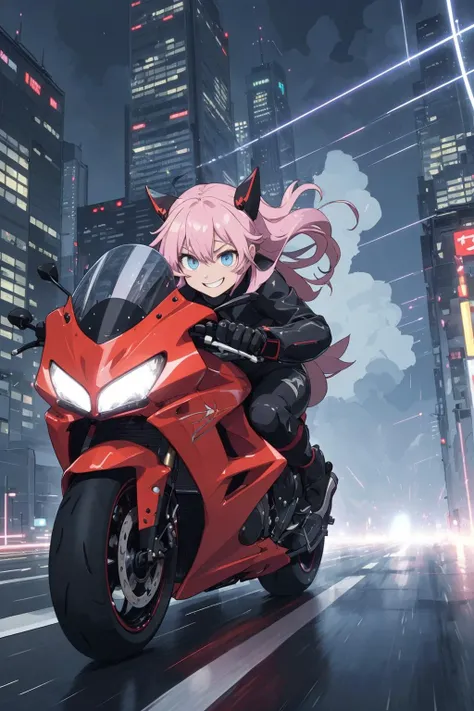 (mad kawaii is riding on large motorcycle, leaning forward and holding handle),
motorcycle reaches mach speed, run along a straight road, back fire,
outside skyscraper light become beams, evil smile,
(exaggerated effect:1.3), (speed effects and lines:1.3),...