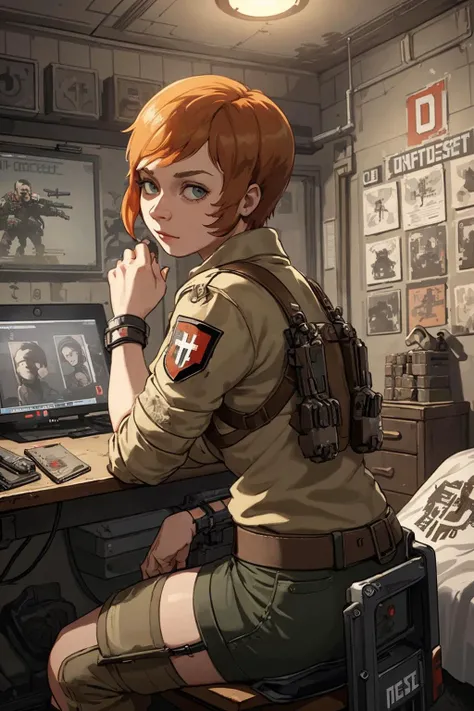 female gamer poses at her pc room, wristbands,
masterpiece, best quality, (wolfenstein-idsoftware:1.3), (pixel art style),