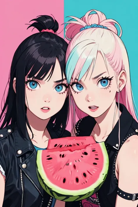 two anime girls with blue eyes and pink hair holding a slice of watermelon