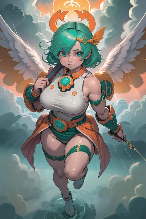 (masterpiece, best_quality, ultra-detailed, immaculate:1.3), epic, illustration, 1girl, (cloudy Rangercore:1.3) angel, full body, [:sexy, skimpy costume design,:0.2], official art, japanese,  orange lighting from above, in a  hurricane, bombshell hair, mat...