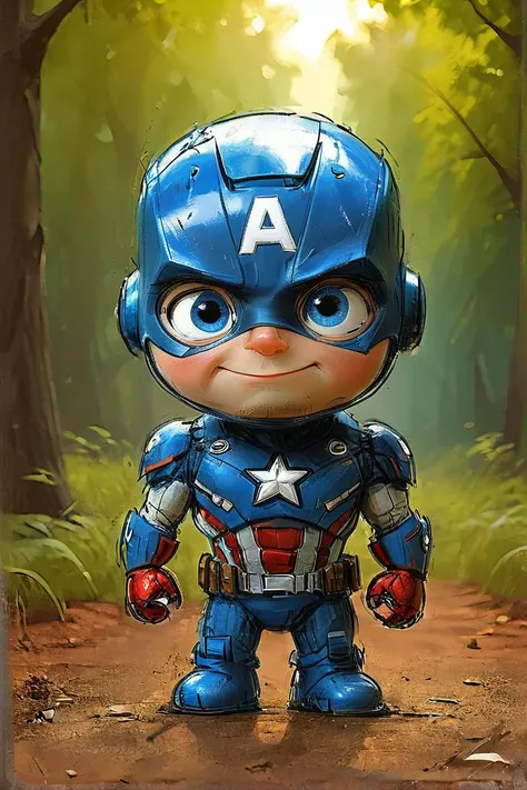 a cartoon character of a captain in a blue suit stands in the woods