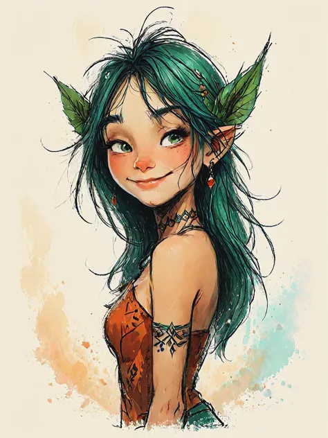 impactful color paint of cute drawing of tribal-Elfpunk, Leaf patterns, Elven ear cuffs, Fantasy tunics, Mystic runes <lora:Cute_Drawing:0.8>