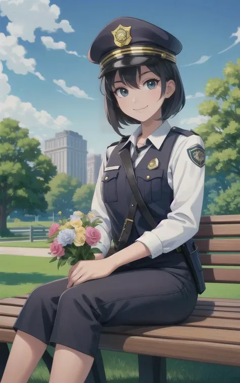 anime girl sitting on a bench in a park with flowers