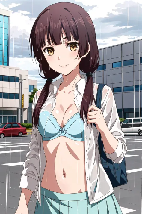 masterpiece, (best qulaity:1.3), 8K, wallpaper, depth of field, beautiful detailed eyes, (1girl, long_hair, brown_eyes, bangs, brown_hair, blunt_bangs, yellow_eyes, low_twintails, (open shirt, unbuttoned shirt:1.3), closed mouth, smile, wet clothes, citysc...