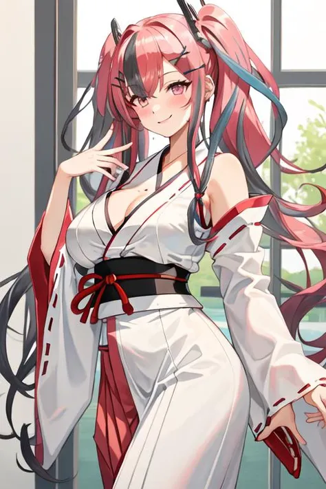 best quality, masterpiece, highres, solo, {white kimono:1.35}, {red hakama:1.35}, {wide sleeves:1.20}, {bremerton_azurlane:1.15}, long_hair, pink_hair, bangs, pink_eyes, multicolored_hair, streaked_hair, breasts, large_breasts, hair_between_eyes, blush, tw...