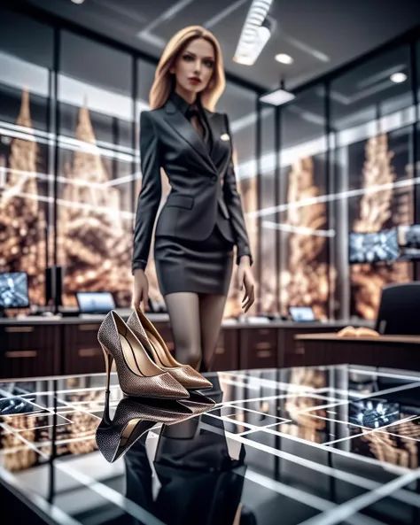 a woman in a black dress and high heels standing in a room