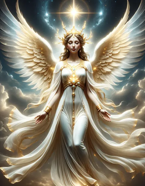 a woman with angel wings and a halo above her head