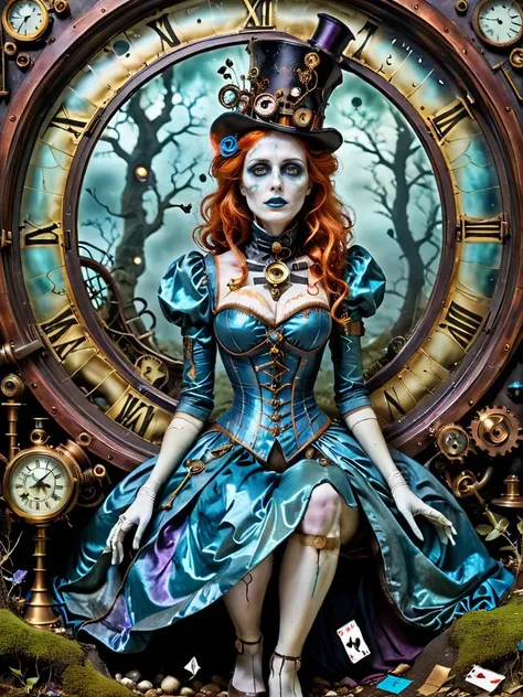 a close up of a woman in a dress sitting on a clock