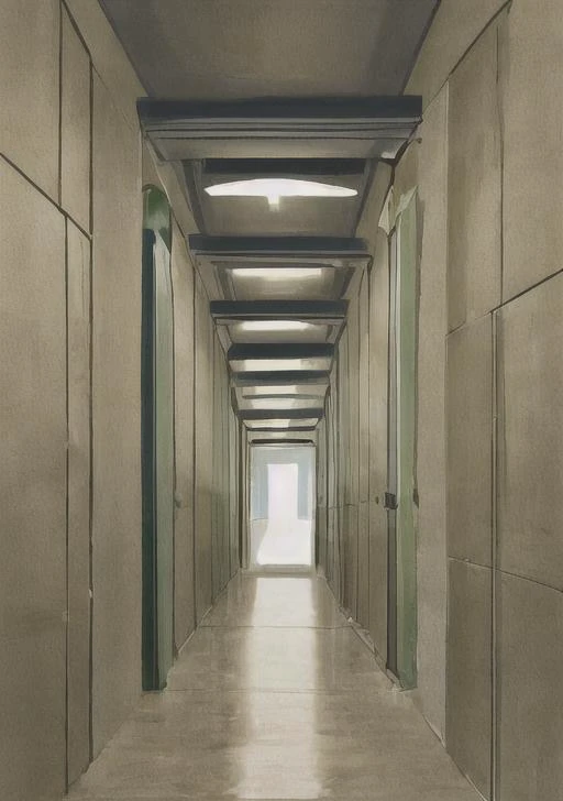 there is a long hallway with a lot of doors and a light