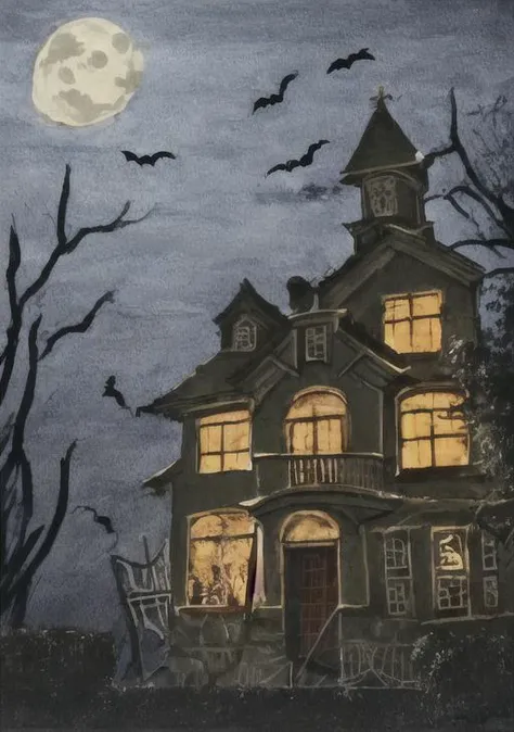 painting of a house with a full moon and bats flying in the sky