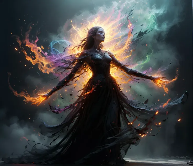 a woman in a long dress with fire and smoke flying around her