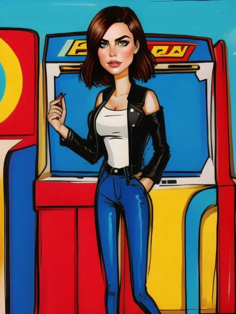 a painting of a woman standing in front of a game machine