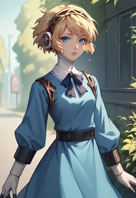 score_9, score_8_up, score_7_up, source_anime, 1girl, looking at viewer, parted lips, <lora:persona3_aegis_ponyXL:1> p3aegis, android, hairband, headphones, blue dress, long sleeves, outdoors