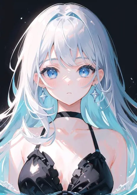 masterpiece, best quality, ultra-detailed, illustration, portrait, 1girl, black_hair, blue eyes, grey hair, swimsuit, bikini