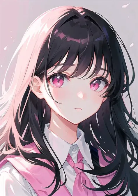 masterpiece, best quality, ultra-detailed, illustration, portrait, 1girl, black_hair, pink eyes,  long hair,  school uniform,