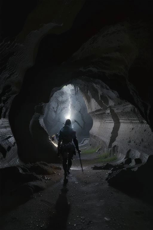 ((one human male adventurer) is entering a (dark cave) cautiously. (the adventurer is wearing armor, holding a (torch in the lef...