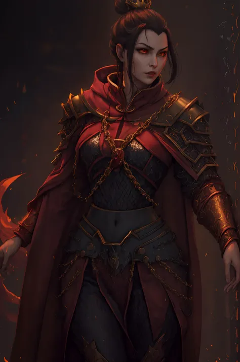 <lora:azula:0.8>, princess azula, red oversized cloak, hooded, (chainmail:1.25), (elegant gold ornate decorations:1.2), ceremoni...