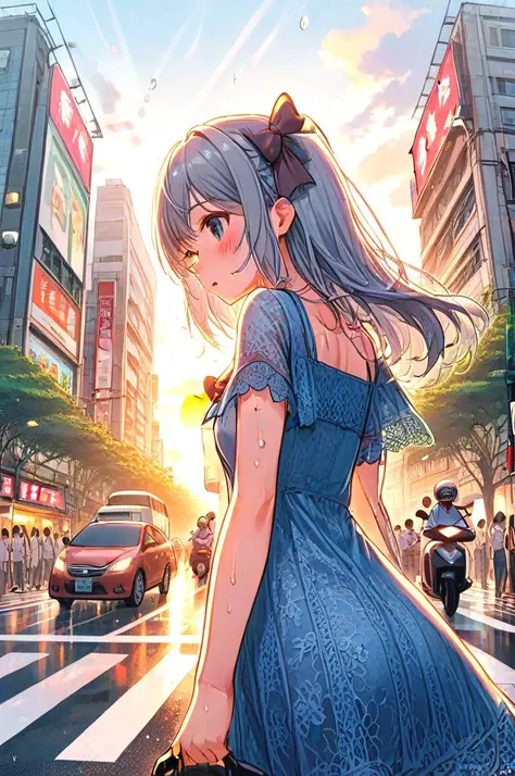 a woman in a blue dress walking across a street