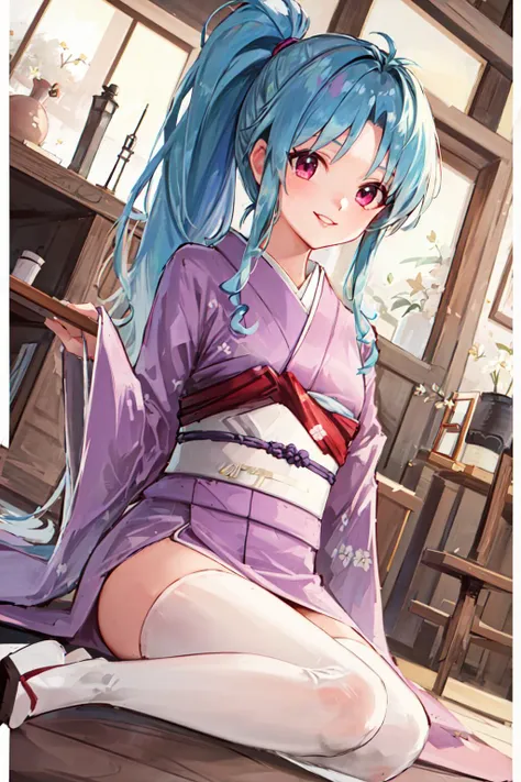 1girl, solo, 1girl,kimono,japanese clothes,sleeves past wrists, smile, dynamic angle, masterpiece, best quality, colorful,  <lora:botan:0.8>