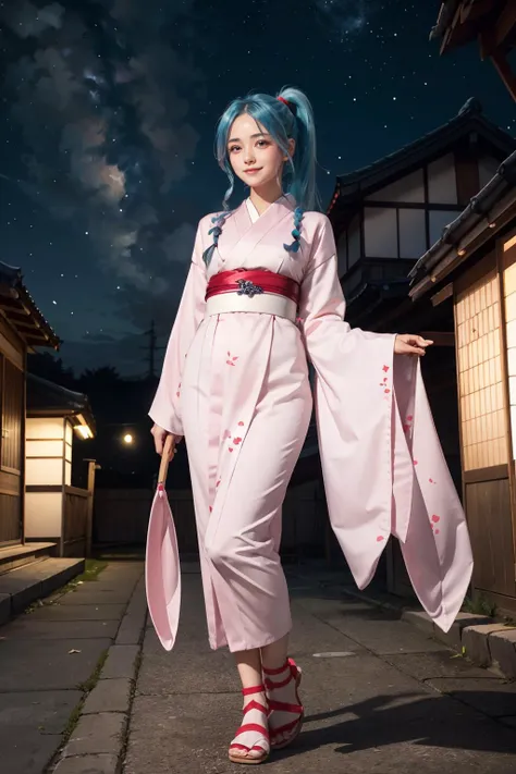 botan, blue hair, pink eyes,pink japanese kimono,long sleeves clothes,red sandals, 
standing outside, roof, japan, night, stars, looking happy, smiling, cute pose, holding fan, extremely detailed, hdr, dreamy ambiance, <lora:botan:.8>