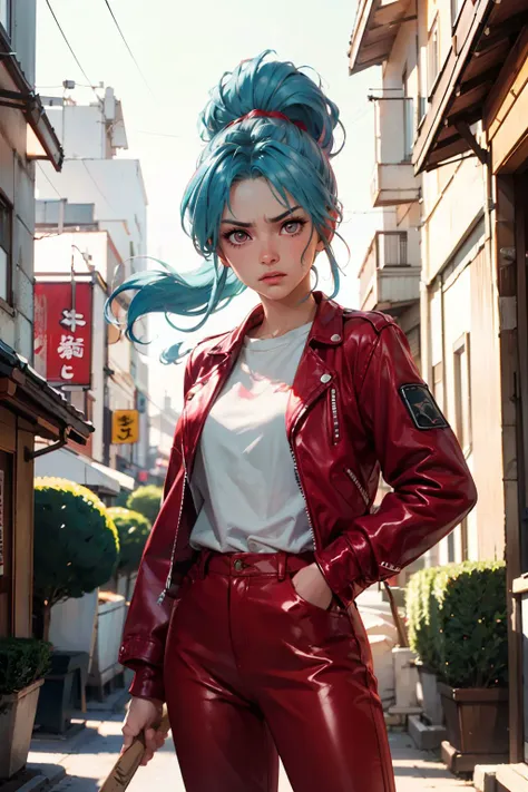 botan, blue hair, pink colored eyes,red closed leather jacket, (red pants), 
standing, holding baseball bat, looking at viewer, serious, angry, 
outdoors, apartment, japan,  extremely detailed, hdr, jazzy ambiance, <lora:botan:.8>