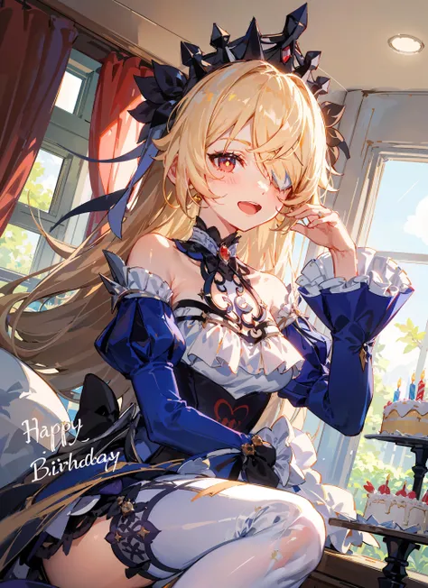 anime girl with long blonde hair sitting on a bed with a cake