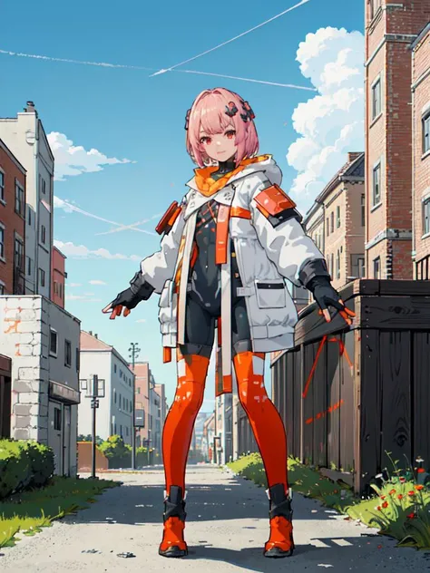 futiyaCB, white_jacket, bodysuit, gloves, boots,  badge, hair_ornament, pink_hair, short_hair, red_eyes, 1girl, solo,standing, looking at viewer, day, dappled sunlight, city, street, blue_sky, cloud,   (masterpiece,best quality,beautiful and aesthetic:1.2)...