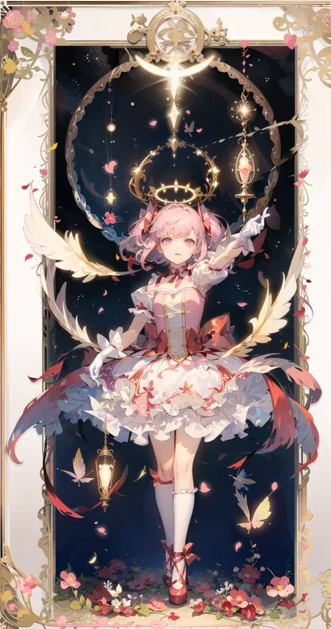 ((masterpiece,best quality)),(1girl, solo:1.4),beautiful detailed eyes, vivid, cinematic light, full_body, pink_flowers, (tarot_...