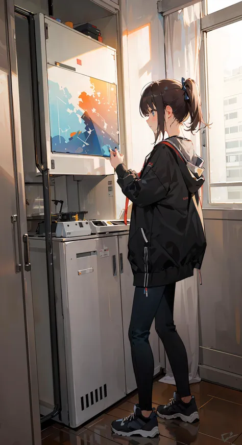 there is a woman standing in front of a tv playing a game