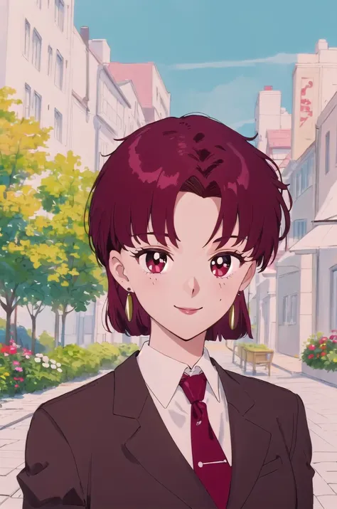 anime girl in a suit and tie standing in a city street