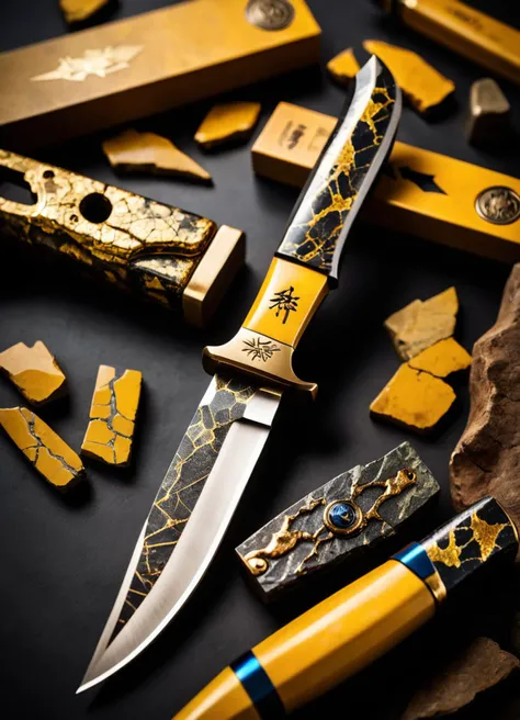 Tilt-shift photo of moody lighting, Kodachrome, Hopeful, dark yellow color grading, Kintsugi, Inspirational Archean knife design, dramatic lighting, Proud, dynamic composition, cosmic energy, Fujicolor, product showcase <lora:Knife-FFusion-LoRA-FA:1.5> . S...