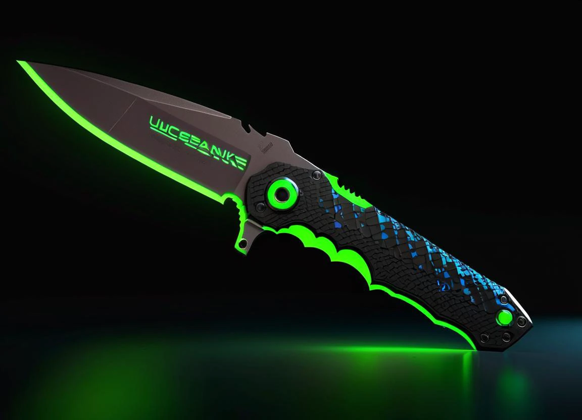 Neon noir folding knife tactical knife engraved blade, octane render, elegant, Psychotic knife, Wispy Colorless patterns, Grim, Yuccie Art, a folding knife <lora:FF-Knives-XL-Cr2-v0163:1> . Cyberpunk, dark, rainy streets, neon signs, high contrast, low lig...