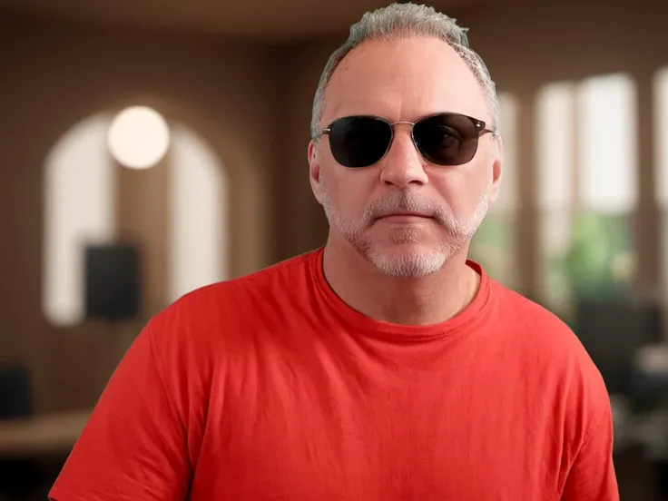 arafed man in red shirt and sunglasses looking at camera