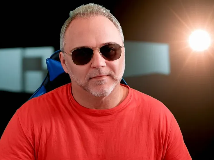 there is a man wearing sunglasses and a red shirt