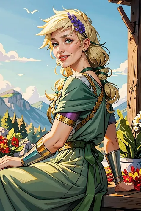 masterpiece, best quality, persephone, hair flower, greek clothes, mature woman, cowboy shot, autumn, serene smile, from side, bracer <lora:persephone-nvwls-v1_Hades:0.9>