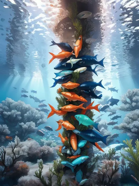 Underwater world <lora:Underwater world_20231215022319:1>, outside, mistletoe and holly illustrations, yukon cornelius, honey glazed carrots,snowflakes, bright and colorful,full of anticipation and excitement,grateful and thankful, coastal lighting,