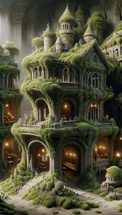 a picture taken from a computer of a fantasy castle with moss growing on the roof