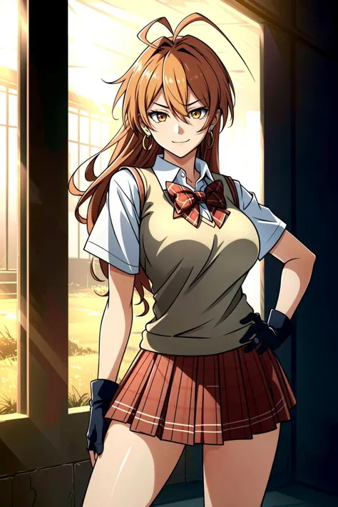 anime girl in school uniform standing in front of a window