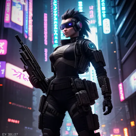 a woman in a futuristic suit holding a gun in a city